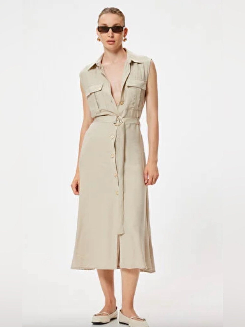 Tan Sleeveless Tie Front Midi dress NWT